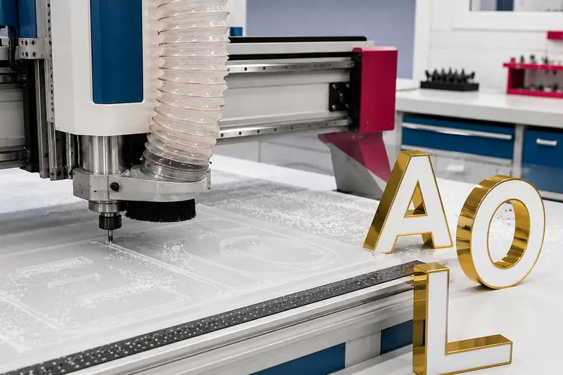 CNC tezgahında pleksi kesimi ve kenarda kesilmiş harf formlarını gösteren temsili görsel