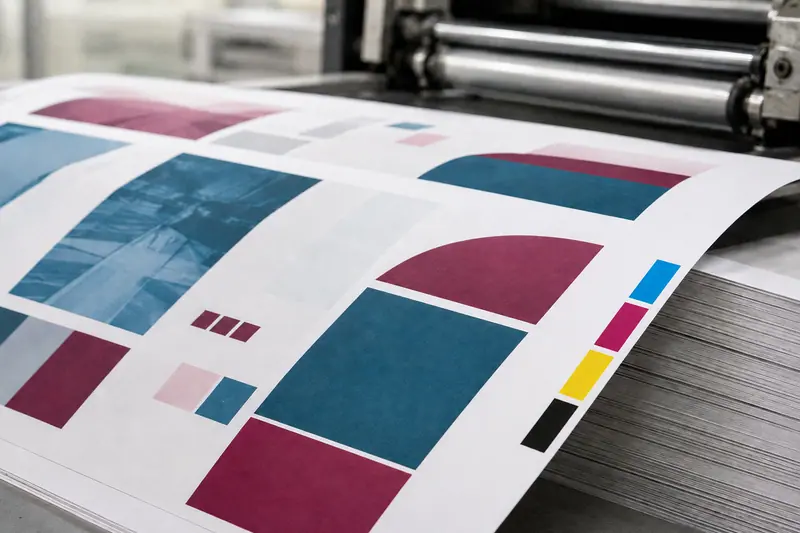 Ofset baskı makinesinden çıkan broşürleri ve CMYK kalibrasyon şeridini gösteren temsili görsel