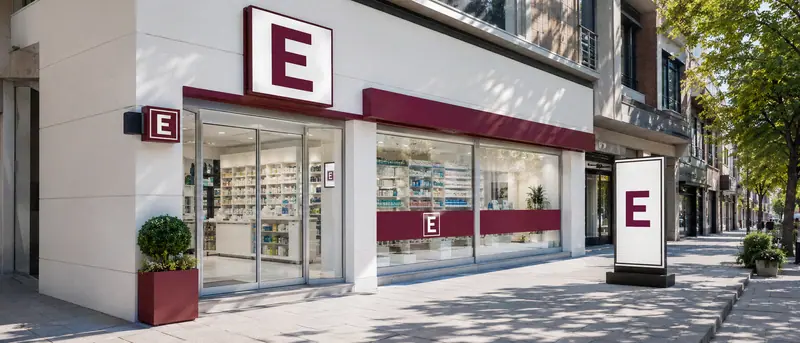 Cadde üzerinde eczane cephesinde ışıklı kutu harf, çift taraflı panel ve vitrin folyo şeridini gösteren temsili görsel