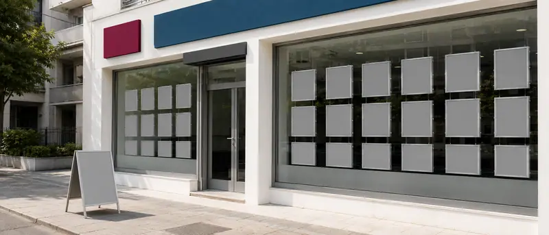 Cadde üzerindeki emlak ofisi vitrininde ışıklı kaset tabela ve ızgara düzeninde askılı ilan panolarını gösteren temsili görsel