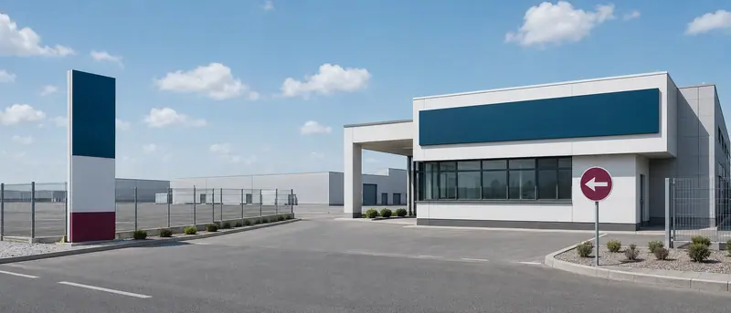 Organize sanayi bölgesinde fabrika girişinde tek markalı giriş totemi, cephe kaseti ve yönlendirme levhasını gösteren temsili görsel