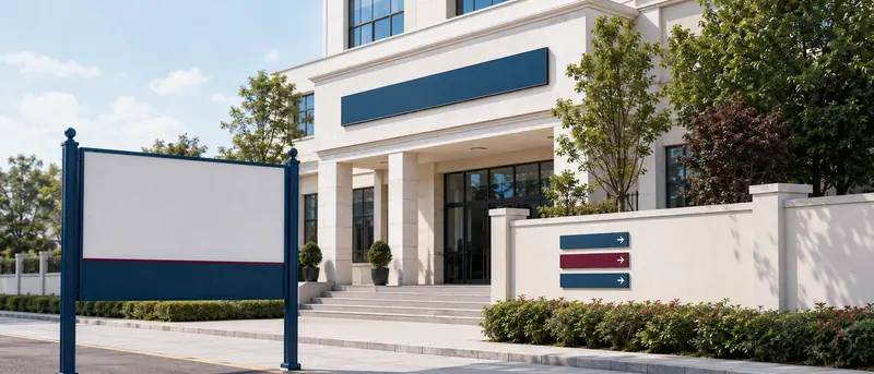 Özel okul giriş cephesinde çift direkli bahçe panosu ve duvar yönlendirme levhalarını gösteren temsili görsel