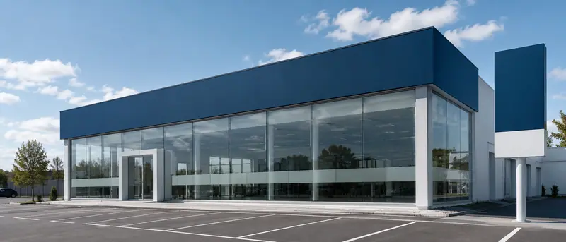 Oto galeri showroom cephesinde geniş cam yüzey, cephe kaseti ve tek direkli pilon tabelayı gösteren temsili görsel