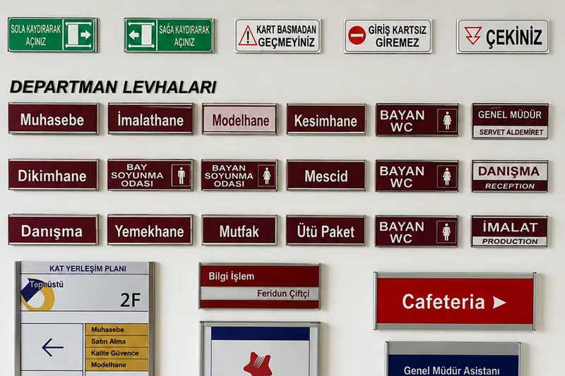 İç mekan yönlendirme levhası çeşitlerini gösteren temsili tasarım seti